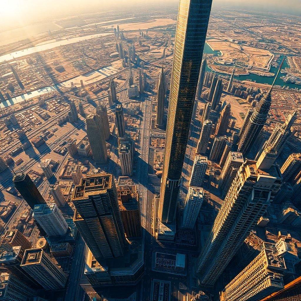 Experience the stunning architecture of downtown Dubai from a high vantage point. This image captures the grandeur and modernity of these skyscrapers against the backdrop of the bustling cityscape.