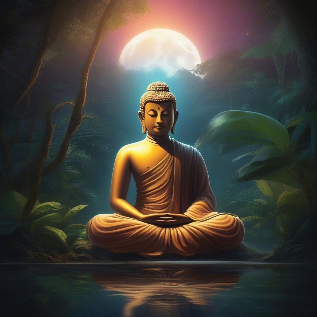 An iconic monk meditates deep within a jungle at night, as the full moon rises above. This tranquil wallpaper captures the essence of mindfulness and serenity.