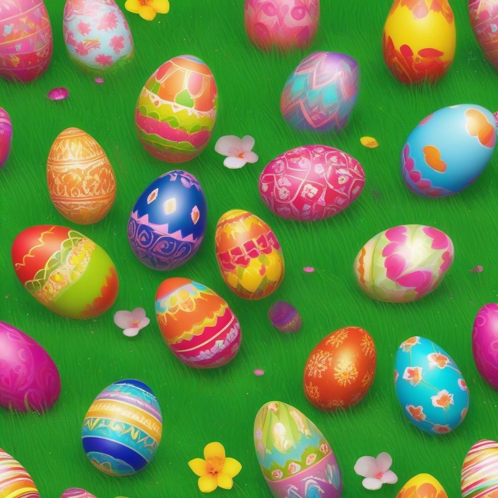 A festive collection of vibrant, colorful eggs scattered across a lush green field, perfect for your spring desktop background.