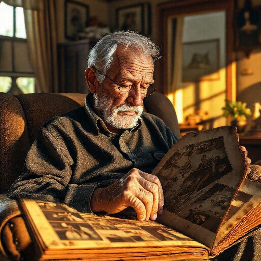 An elderly man, presumably a father, engrossed in an old family photo album on Father's Day. The scene exudes warmth and nostalgia, fitting for the celebratory occasion.