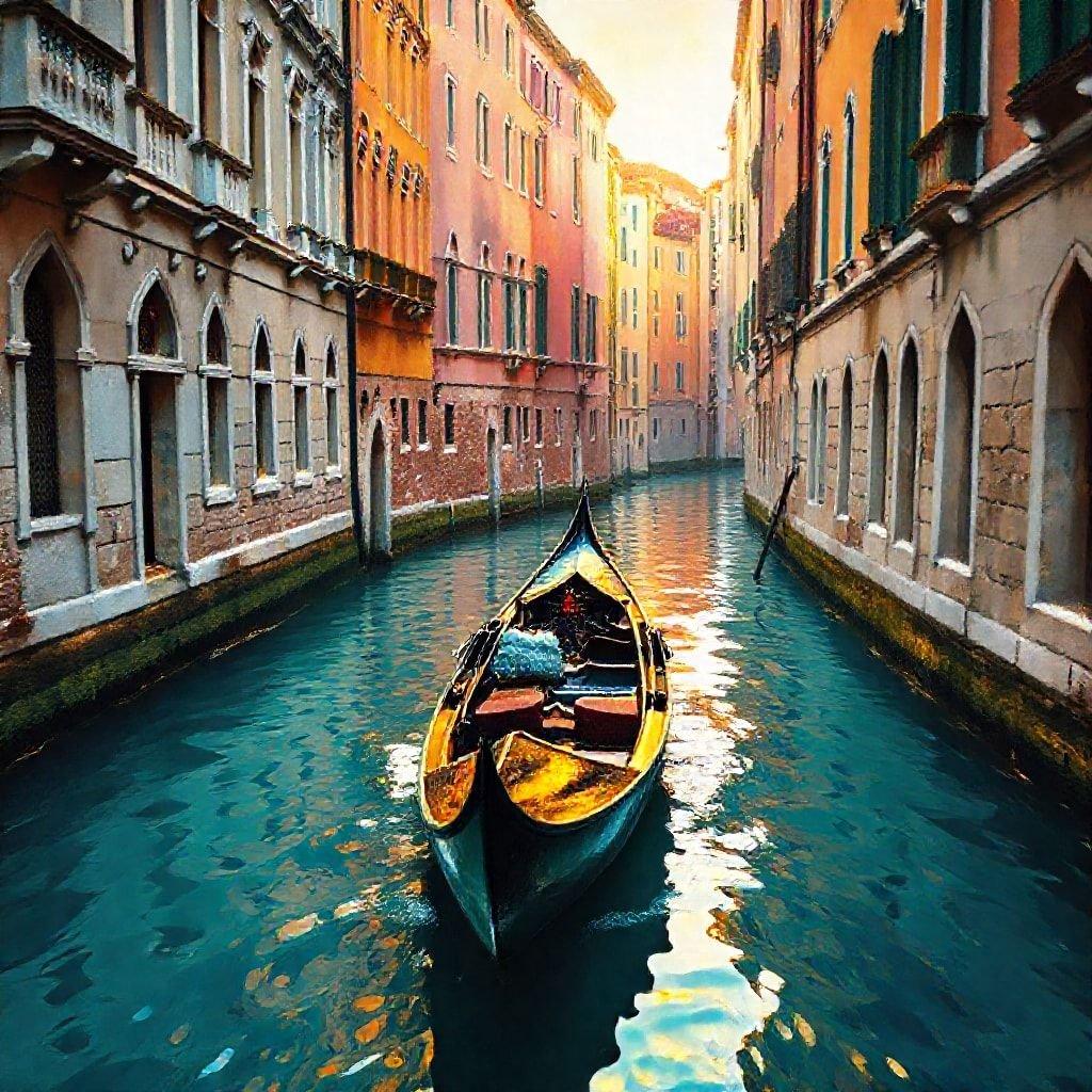 This image captures the serene beauty of Venice, Italy, showcasing its iconic canals and historic architecture. The vibrant colors and peaceful atmosphere evoke a sense of tranquility and adventure.