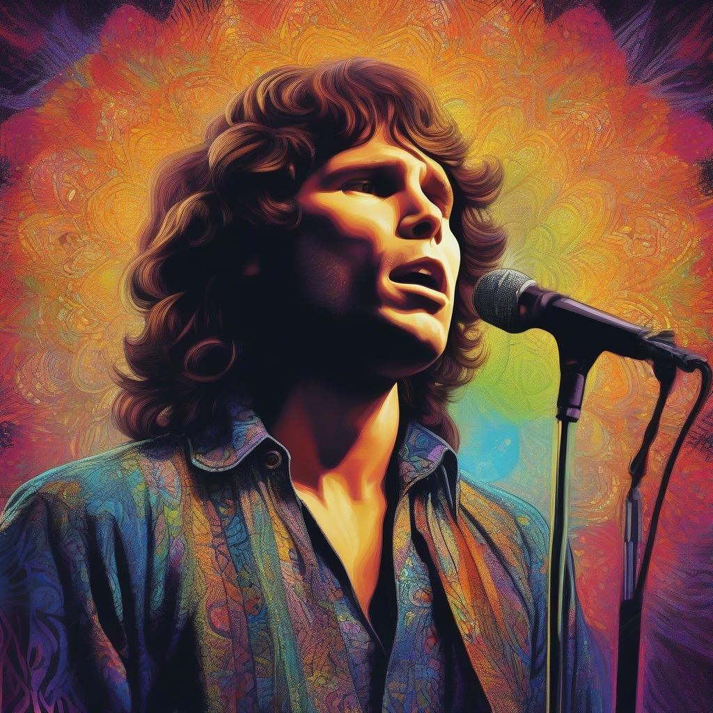 The Doors'un ikonik solisti Jim Morrison'un etkileyici bir portresi, canlı ve psikedelik bir arka planda.