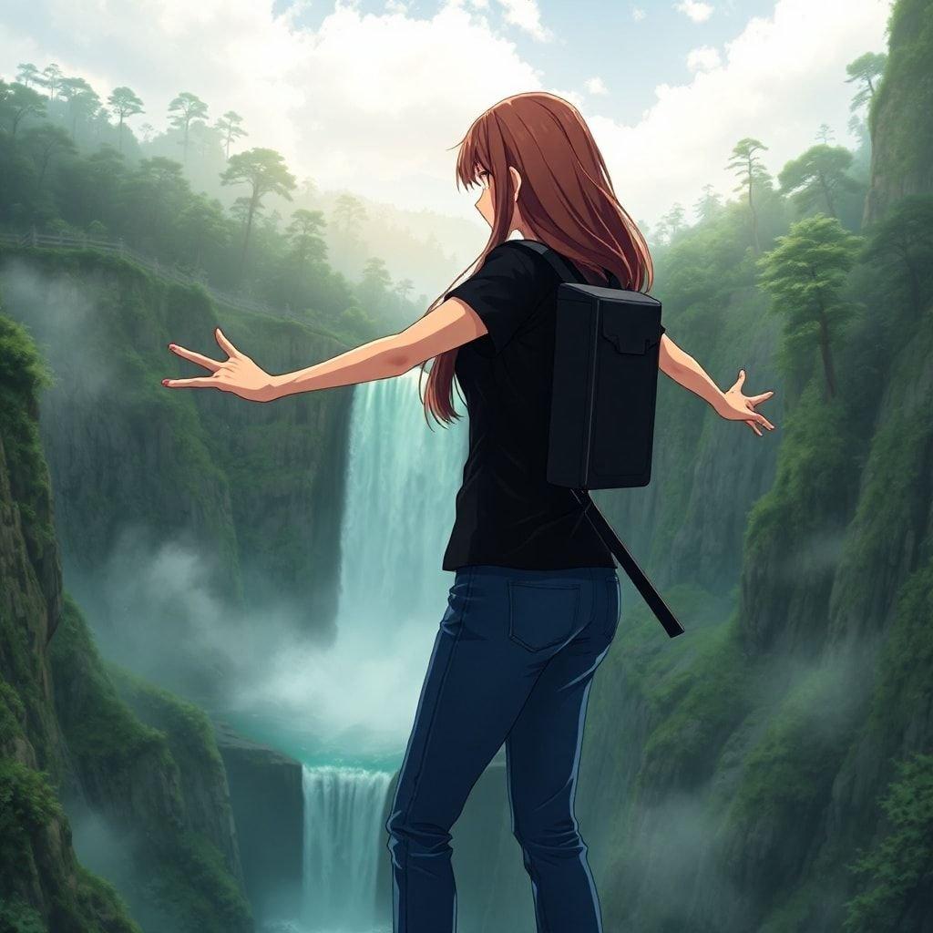 This anime-style wallpaper features a young girl standing at the edge of a waterfall, with her arms outstretched to the sides. She is wearing a black t-shirt and blue jeans, with a black backpack on her back. The waterfall is a dark green color, with a small stream of water coming from it. The background shows a misty forest with tall trees and a cloudy sky.