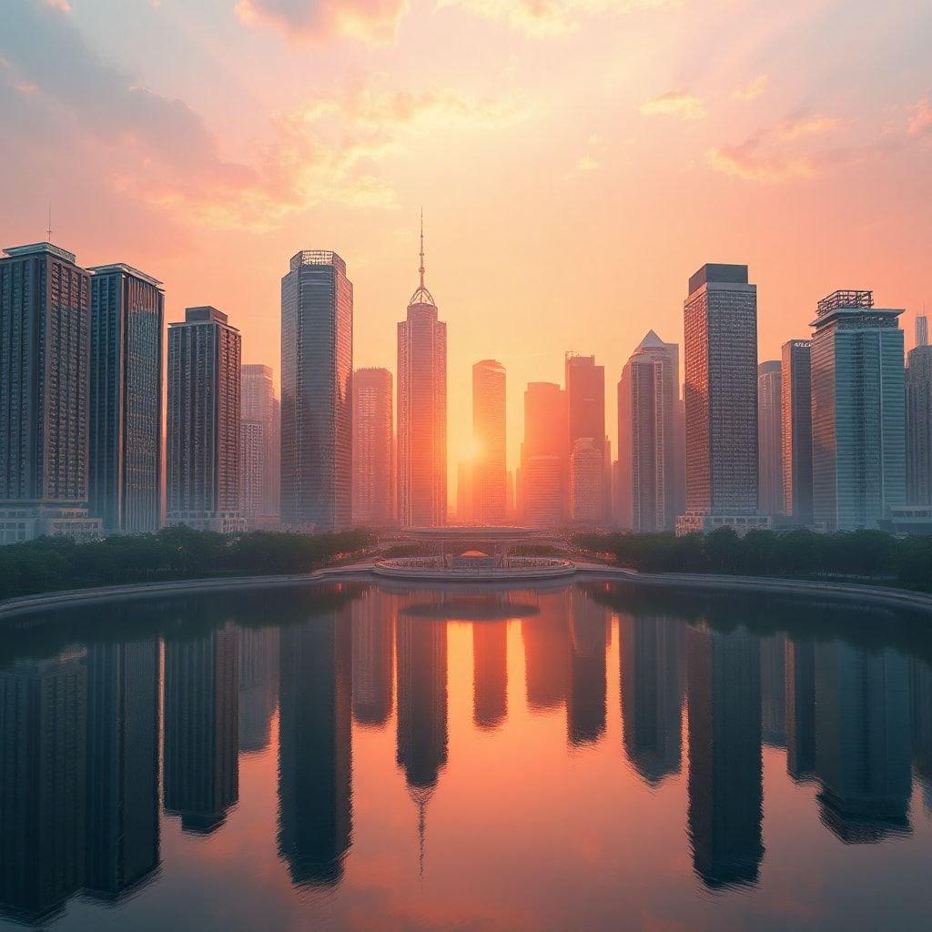 A stunning view of the Chicago skyline at sunset, with the city's iconic buildings reflected in the calm waters of Lake Michigan.