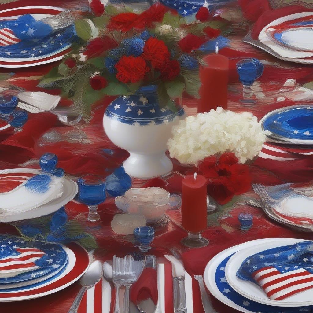 A festive table setting adorned with patriotic colors and symbols in honor of the Fourth of July.