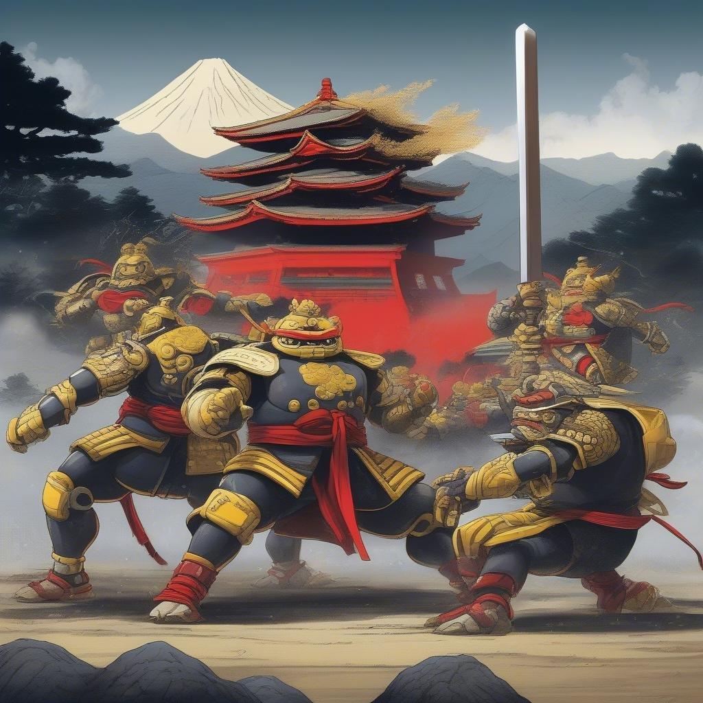 A group of robotic samurai engage in a dramatic sumo wrestling match on the shore of a misty lake with traditional Japanese architecture and cherry blossom trees in the background.