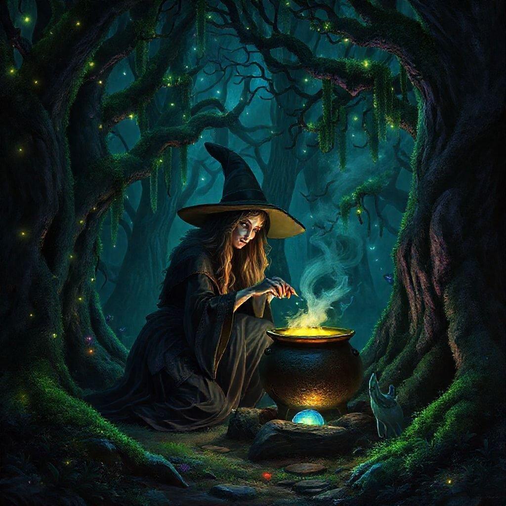 A witch is stirring a potion in a large cauldron in a dark forest.