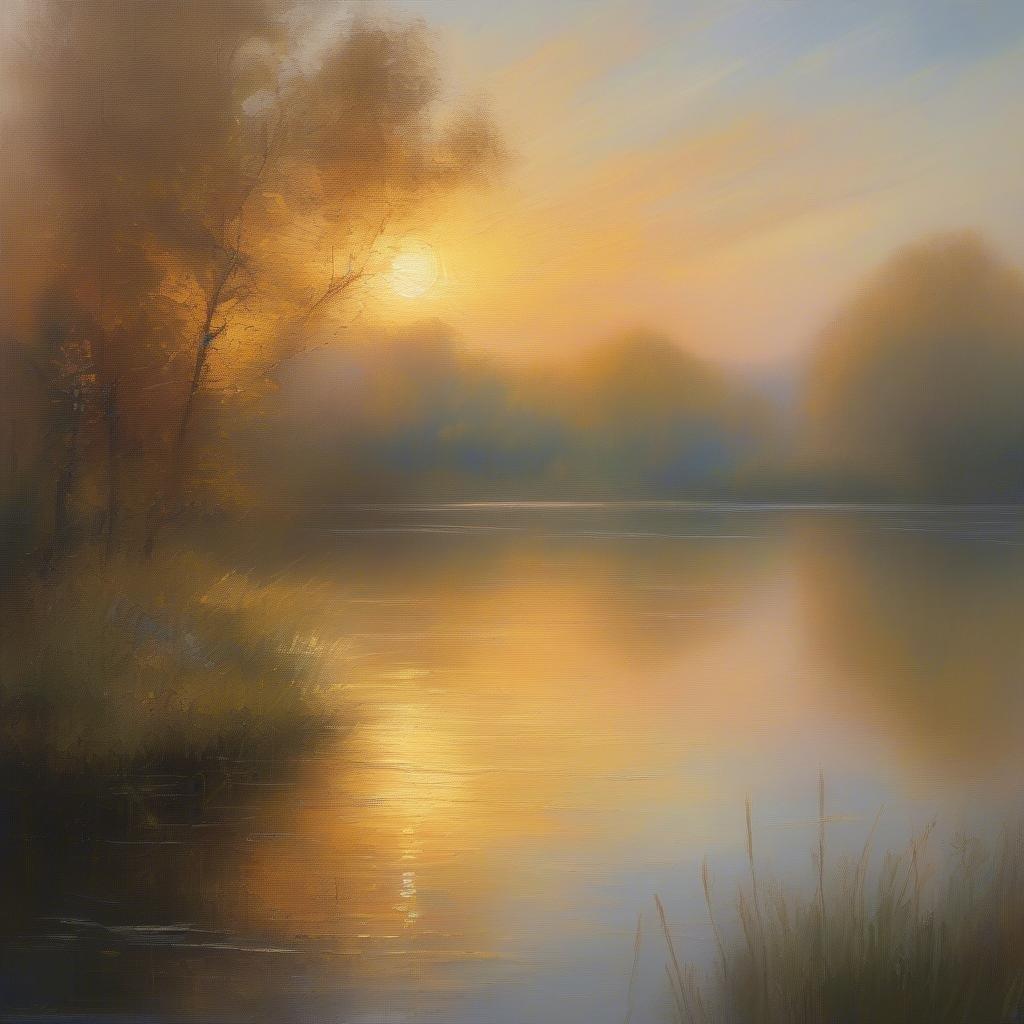 This tranquil image captures the essence of an evening by a serene river, as the last light of the day casts a warm glow over the scene.