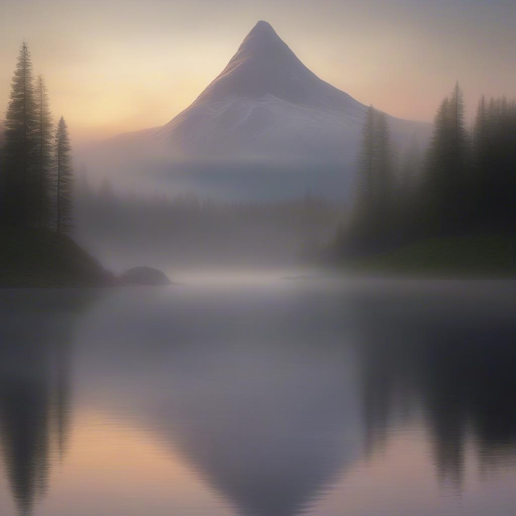 A serene landscape at dusk, featuring a majestic mountain peak rising above a calm forest-lined lake during the golden hour, as seen from afar. The light of the setting sun creates a peaceful and tranquil atmosphere, evoking feelings of relaxation and reflection.