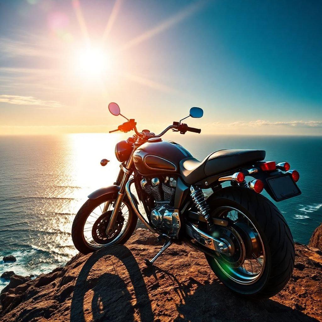 A motorcycle parked on the edge of a cliff overlooking the ocean, with the sun setting in the background.