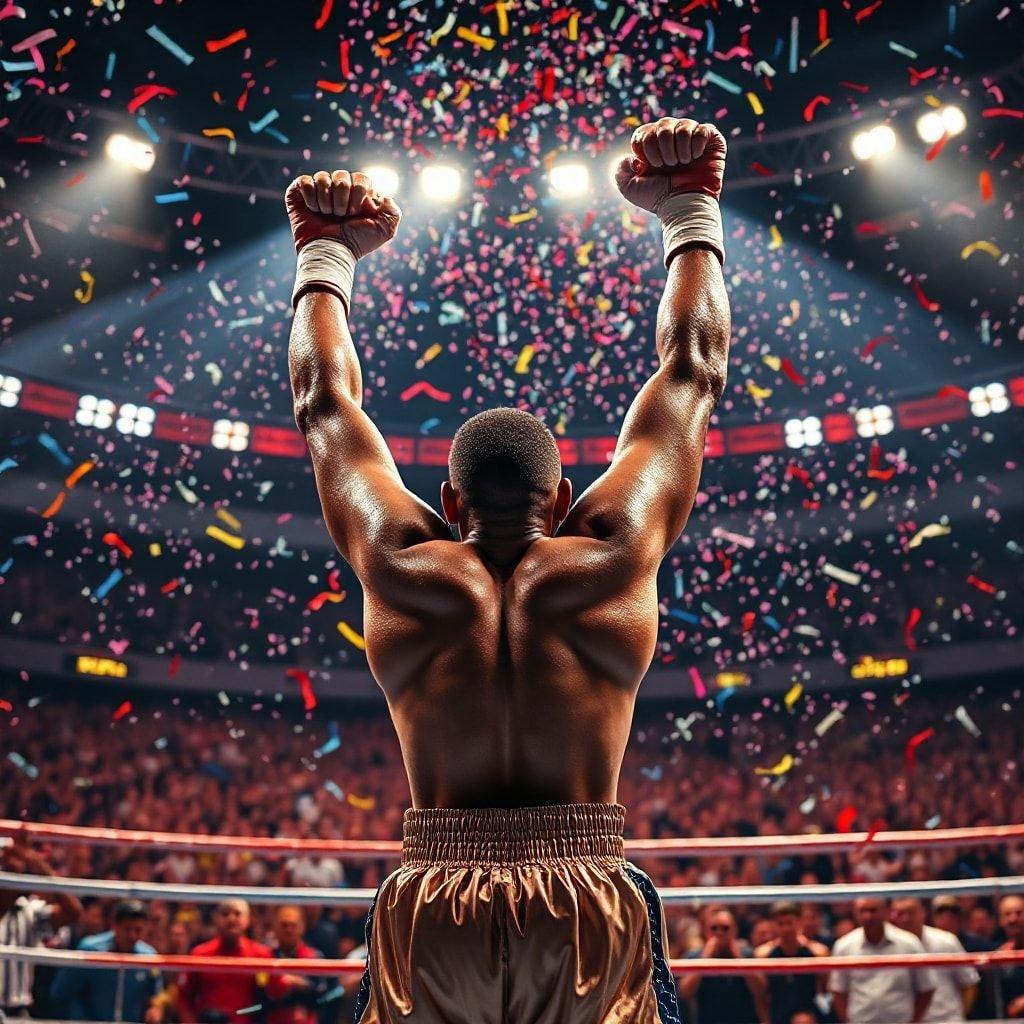 This image captures a triumphant moment in the world of sports. The focus is on a sports figure in the foreground, who has just won their match and is raised their arms in victory, surrounded by confetti that adds to the celebratory atmosphere.