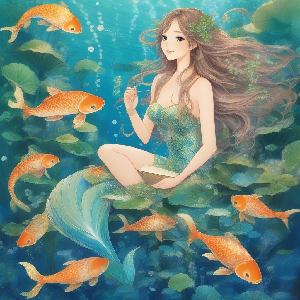 Dans cette illustration anime enchanteresse, une belle sirène en maillot de bain vibrant est assise gracieusement au fond de l'océan au milieu d'un banc de poissons koi. La scène est baignée de teintes de bleu et de vert, créant un monde sous-marin serein grouillant de vie. La chanson mélodieuse de la sirène semble avoir capté l'attention des poissons autour d'elle. Avec des détails complexes allant des algues à l'eau ondulante, cette image capture un équilibre harmonieux entre fantasie et réalité, évoquant une atmosphère rêveuse et fantaisiste.