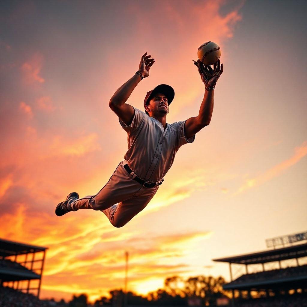 Et højenergibillede af en baseballspiller i midten af et sving, sat mod en smuk solnedgangsbakgrund.