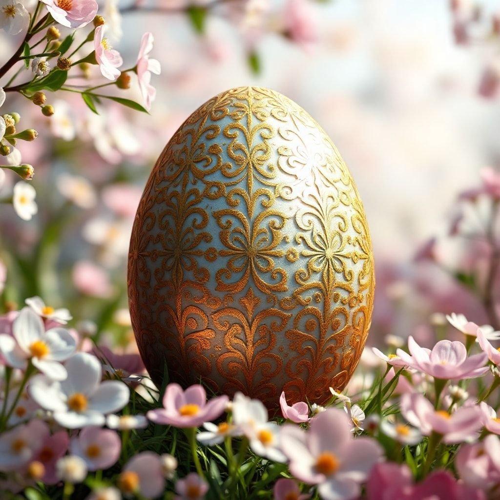 This wallpaper captures the spirit of Easter with its intricately designed golden egg resting on a bed of pink flowers. The warm hues of gold, pink, and green evoke a sense of celebration and rebirth that's fitting for the Easter holiday.