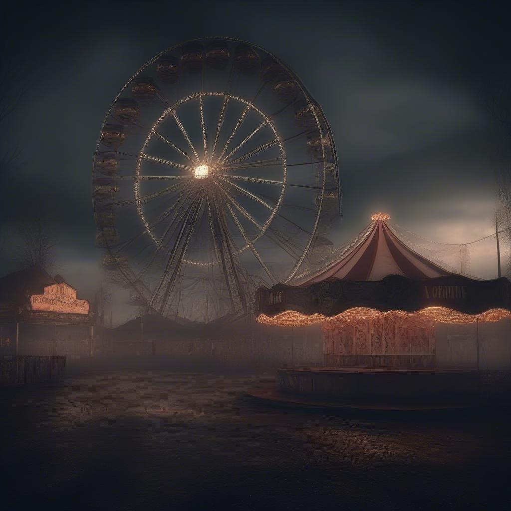 An eerie scene at an amusement park, where the carousel stands still in a foggy night. The Ferris wheel seems to be watching over the silent grounds.