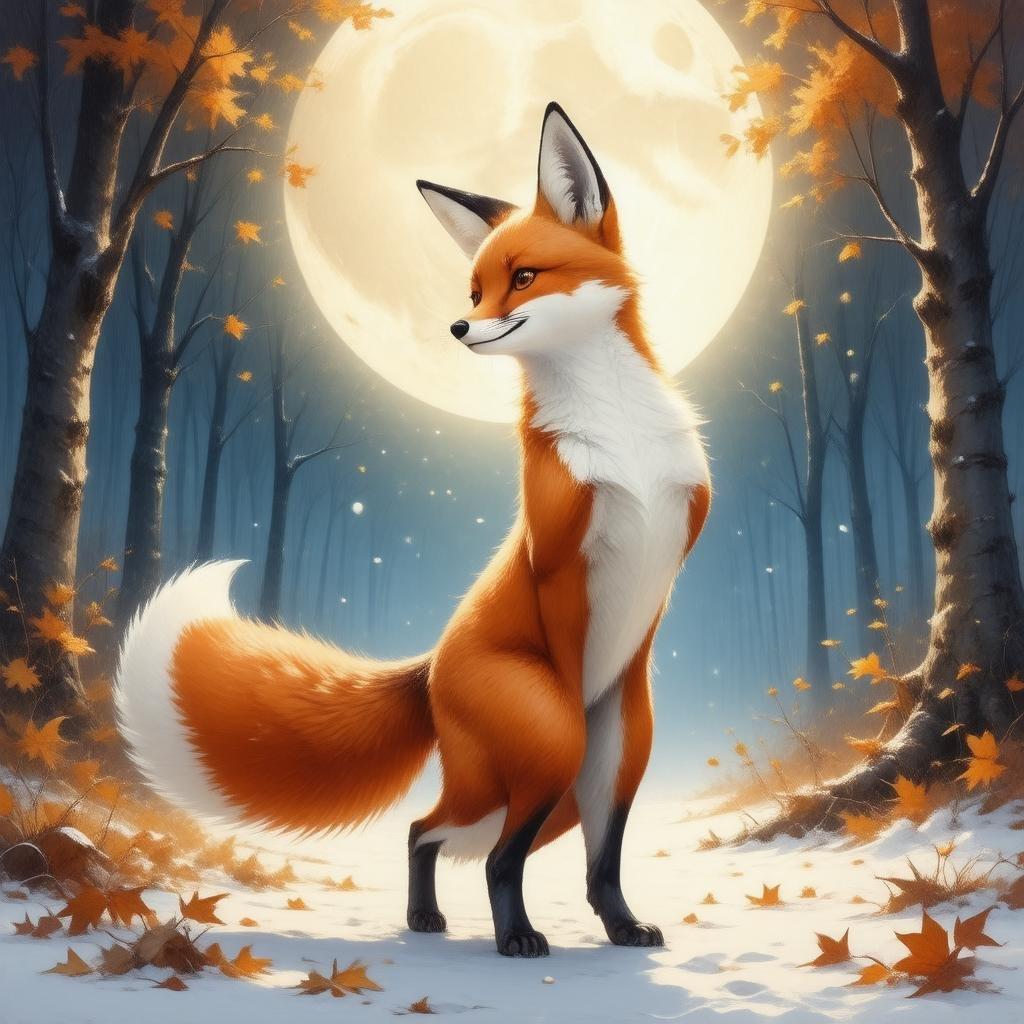 This enchanting wallpaper features a fox spirit dancing under the radiant light of a full moon in an autumn forest, creating a captivating and magical scene.