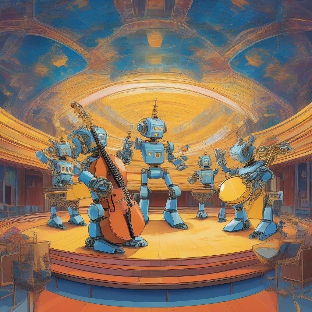 Canlı bir konser salonunda performans sergileyen robotlardan oluşan uyumlu bir topluluk. Mekanik bedenleri mavi ve sarının bir karışımıdır, müzik yapma ekipmanları ise turuncu ve siyah olup, anime dünyasını canlandıran canlı bir tablo oluşturur.