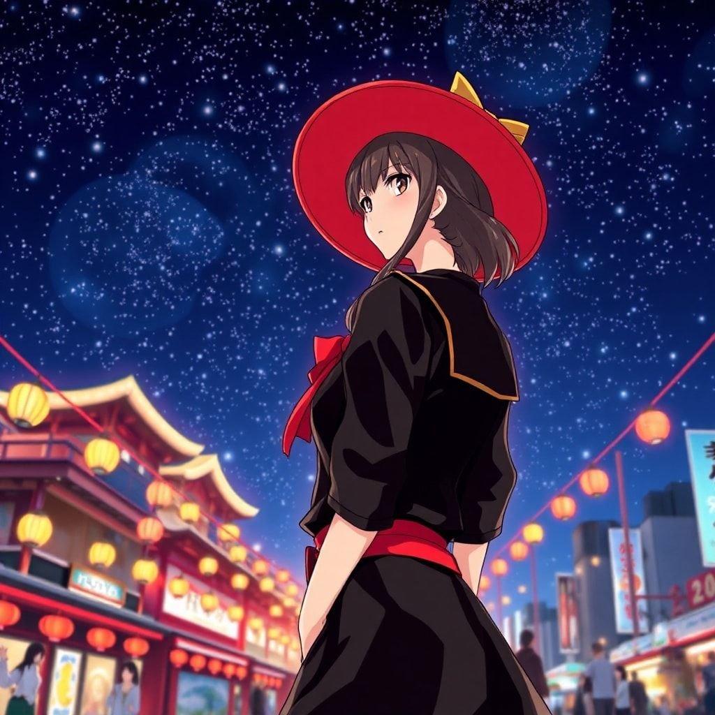 Plongez dans le monde vibrant de l'anime avec ce magnifique fond d'écran mettant en vedette une femme dans une tenue noire frappante et un chapeau rouge, sur fond du paysage à couper le souffle du festival annuel des étoiles à Tokyo. Le ciel nocturne scintille d'étoiles, créant un effet enchanteur semblable à celui de l'anime qui vous transportera dans un monde de fantaisie et d'émerveillement.