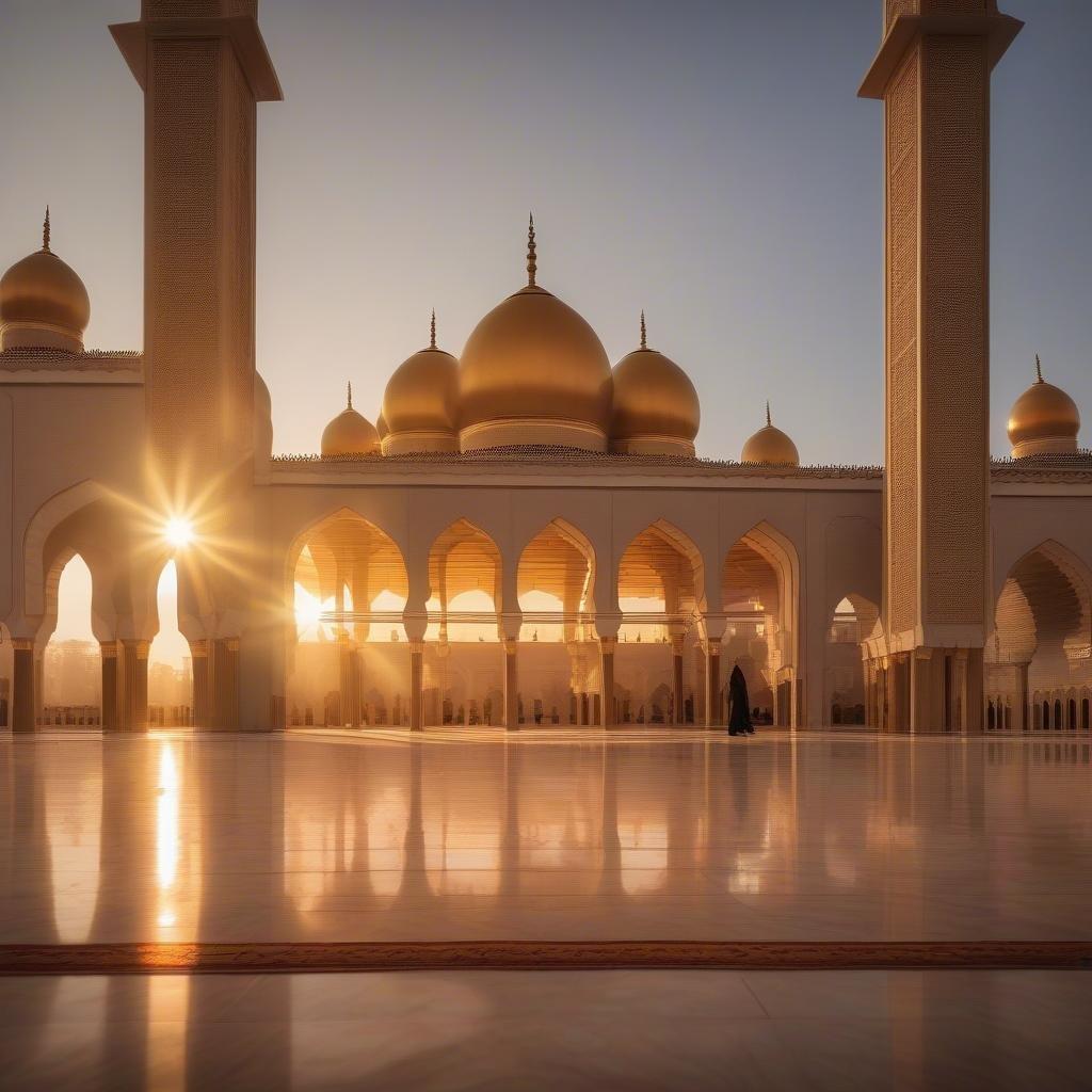 En lugn vy över den heliga Masjid al-Haram i Mecka, badad i det varma skenet av solnedgången.