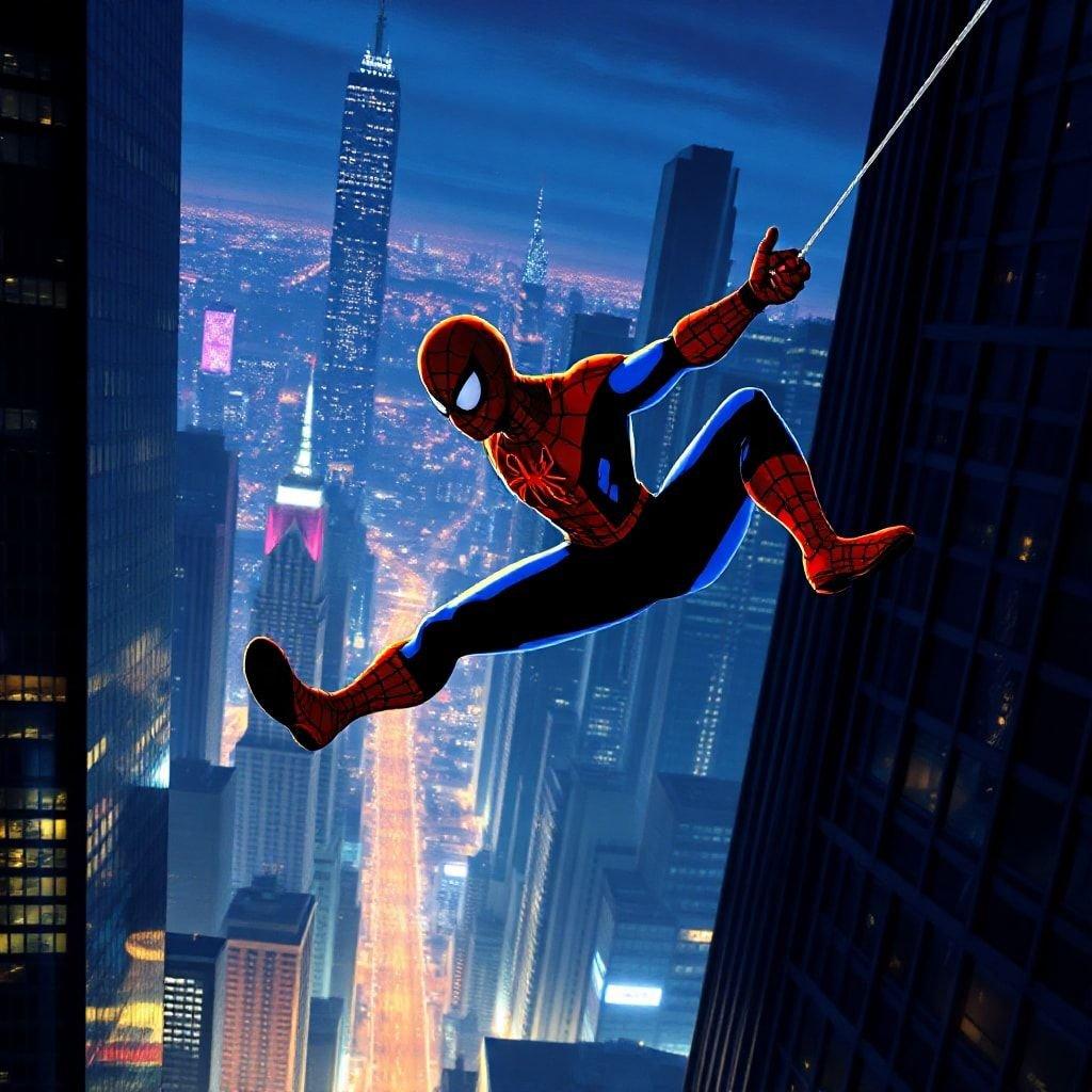 This wallpaper features Spider-Man swinging through the city, a classic scene from the Marvel Comics universe. The image showcases the web-slinger's agility and acrobatic skills as he navigates the urban landscape.