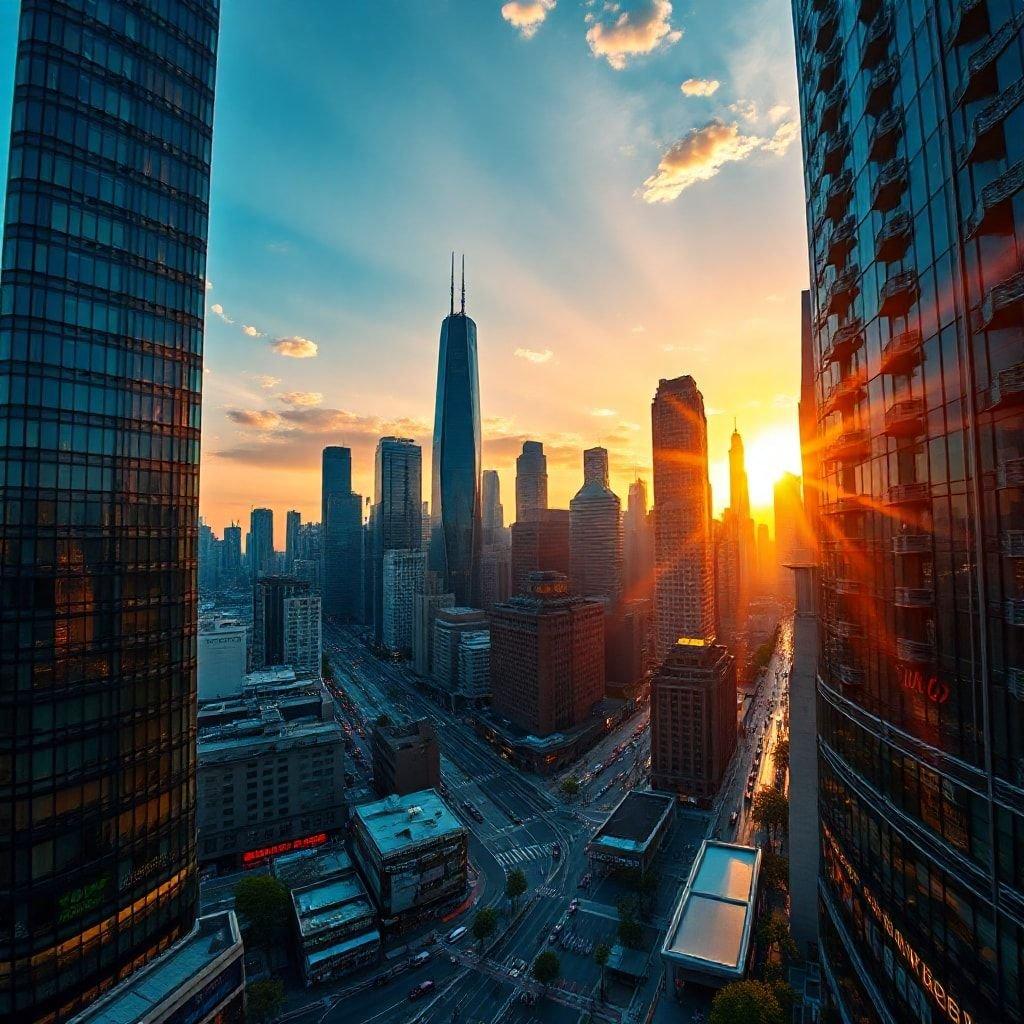 The breathtaking view of the Chicago skyline at sunset, with reflections on wet roads from a recent rain. A serene cityscape under a vibrant sky.