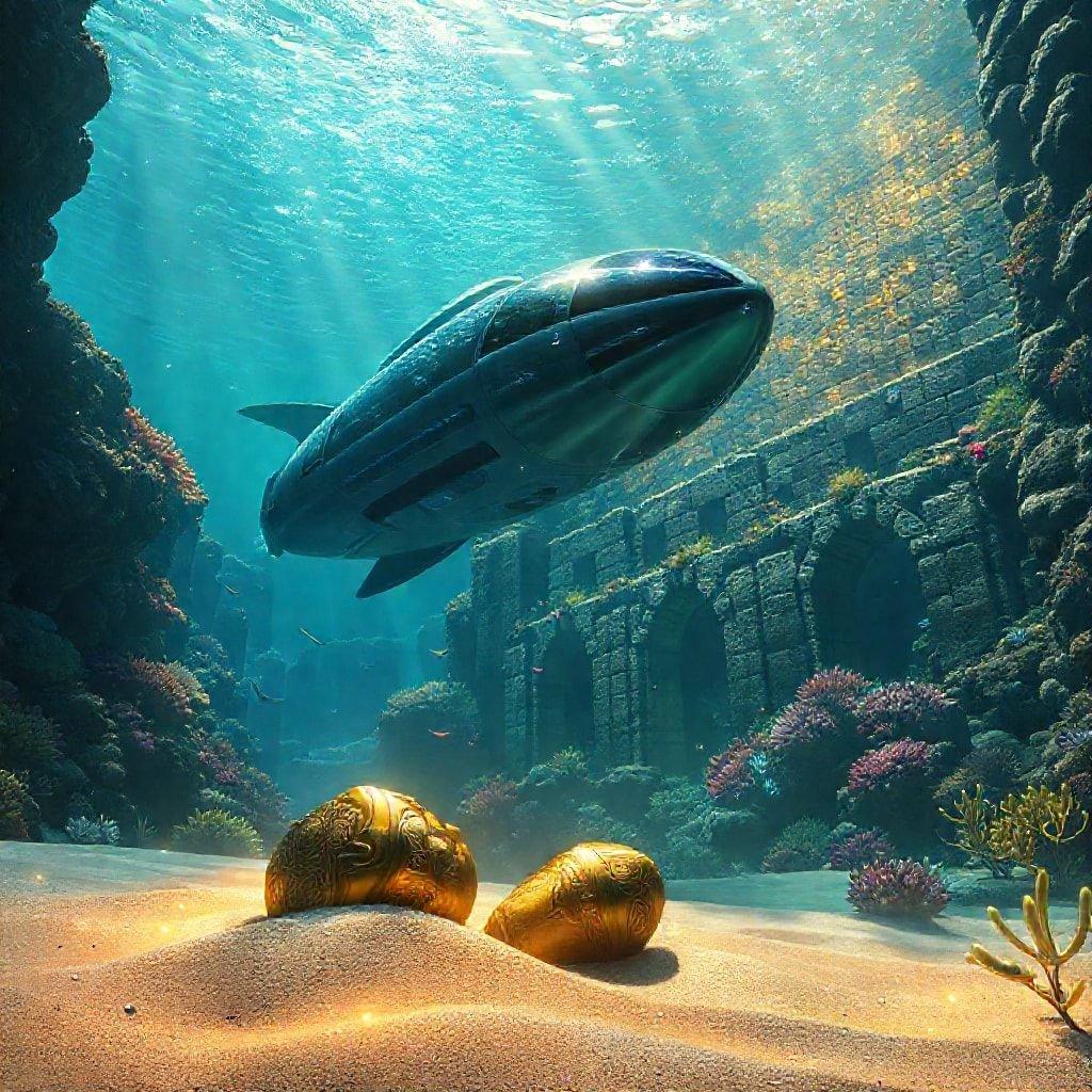 Dive into a world of wonder with this stunning underwater fantasy wallpaper, featuring a futuristic submarine gliding through a vibrant ocean filled with coral reefs and schools of fish.