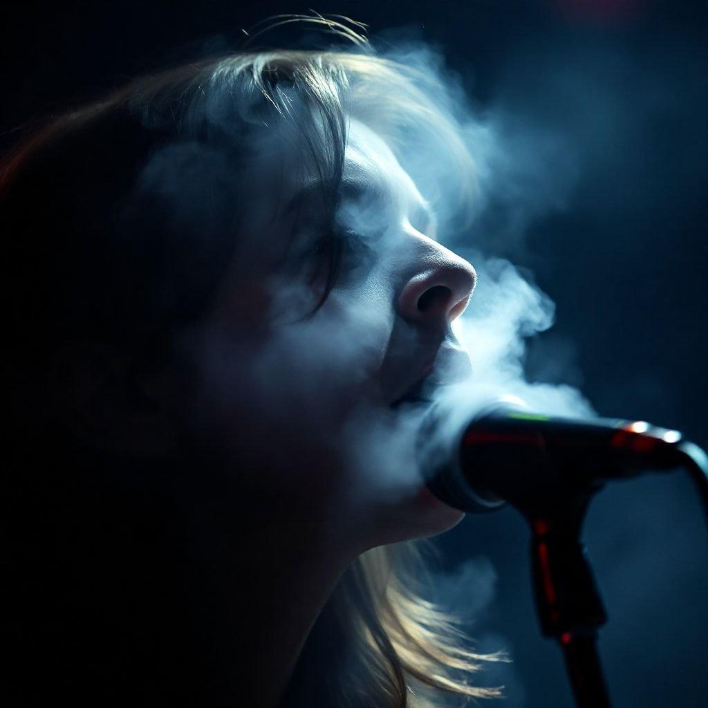 A talented musician singing passionately into a microphone, with visible breath in the cold air. The stage lighting creates an atmospheric backdrop.