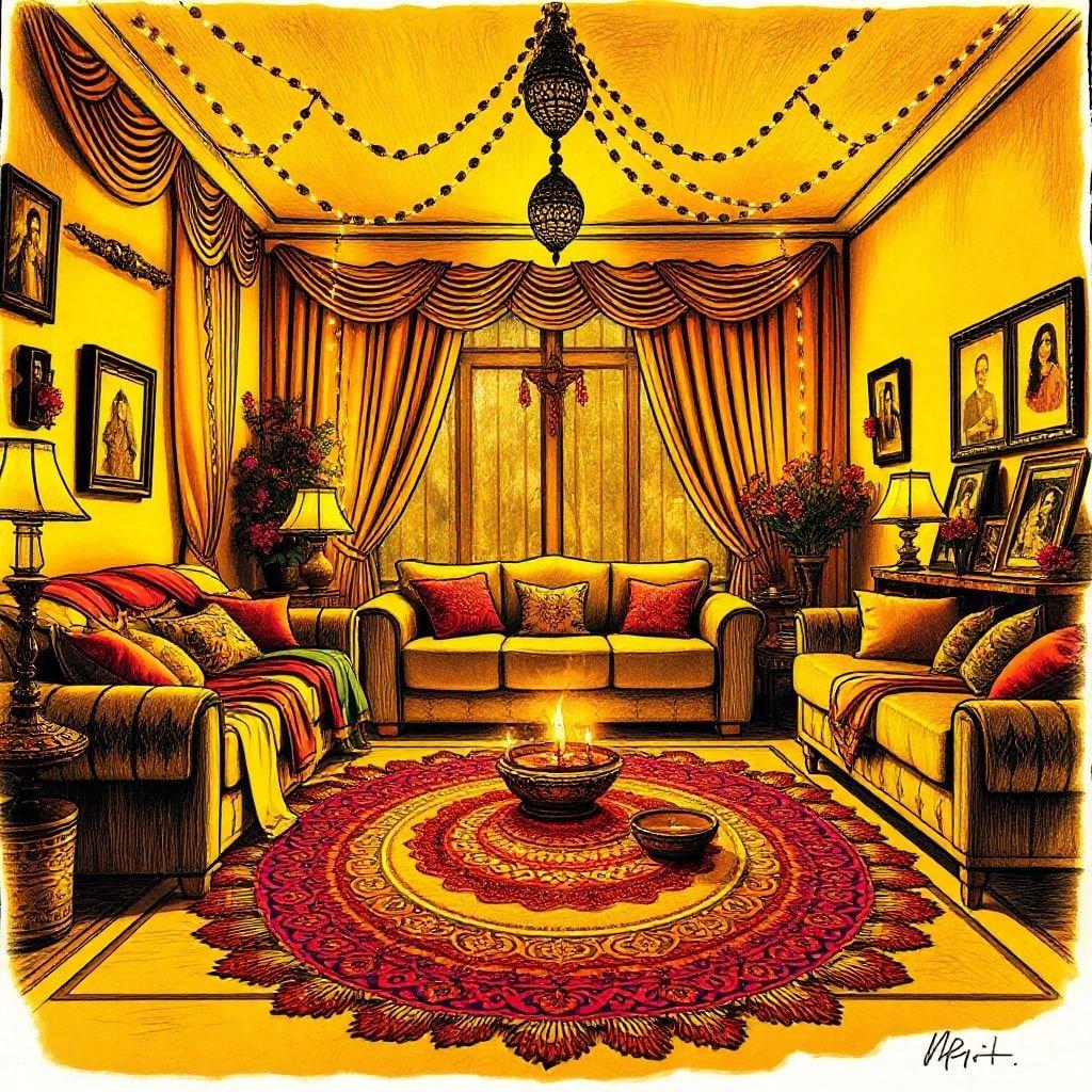 This festive scene captures the essence of Diwali celebrations in an opulent living room, adorned with traditional decorations and fine art pieces that reflect a warm, family-oriented atmosphere. The soft lighting and candles add to the ambiance of joy and togetherness, characteristic of this significant Indian festival.