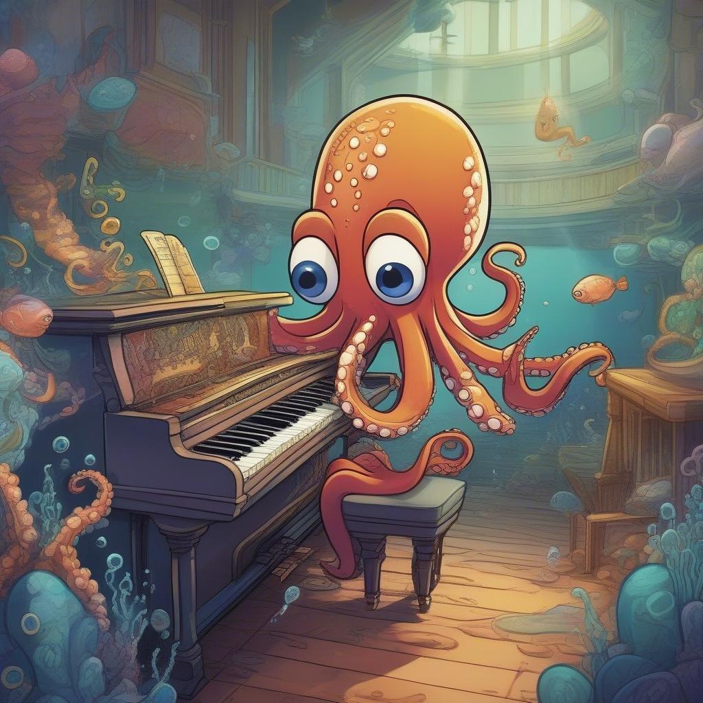 Immerse yourself in a world of wonder and creativity with this captivating wallpaper featuring an octopus playing the piano. Perfect for kids and cartoon lovers alike, this image is sure to spark imagination and inspire a love for music.