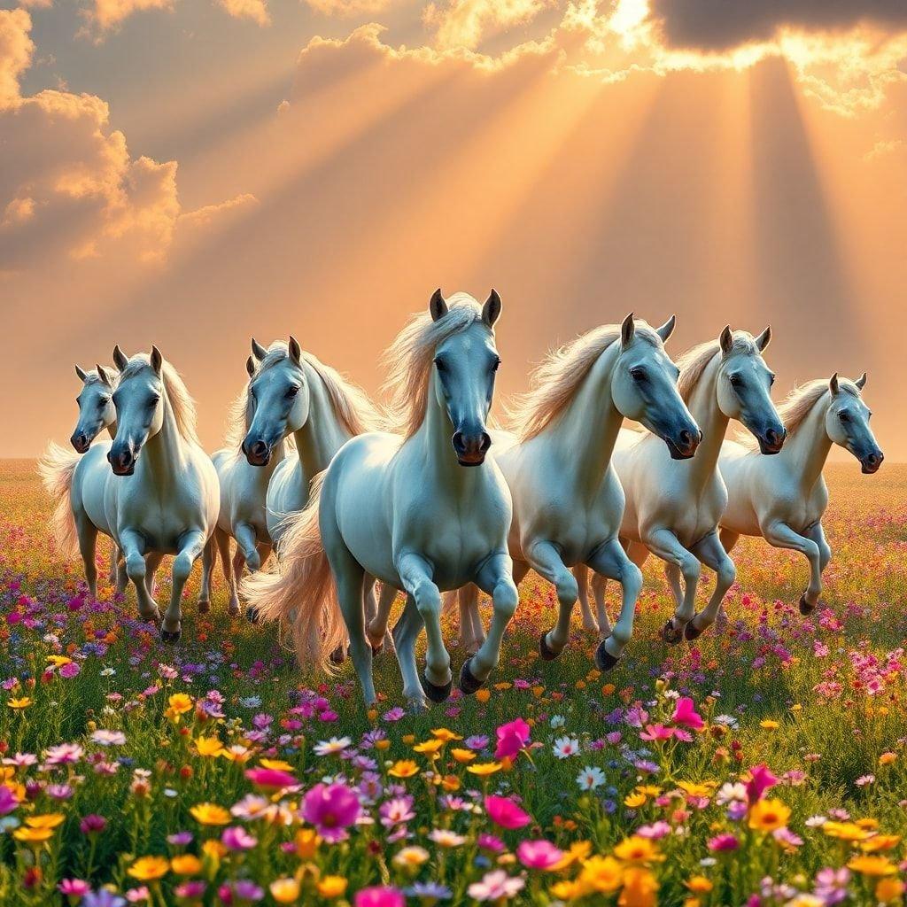 These majestic unicorns are captured in full gallop, their manes flowing as they traverse the vibrant flower meadow. The warm sunlight filtering through the clouds creates a magical backdrop for these fantastical creatures.