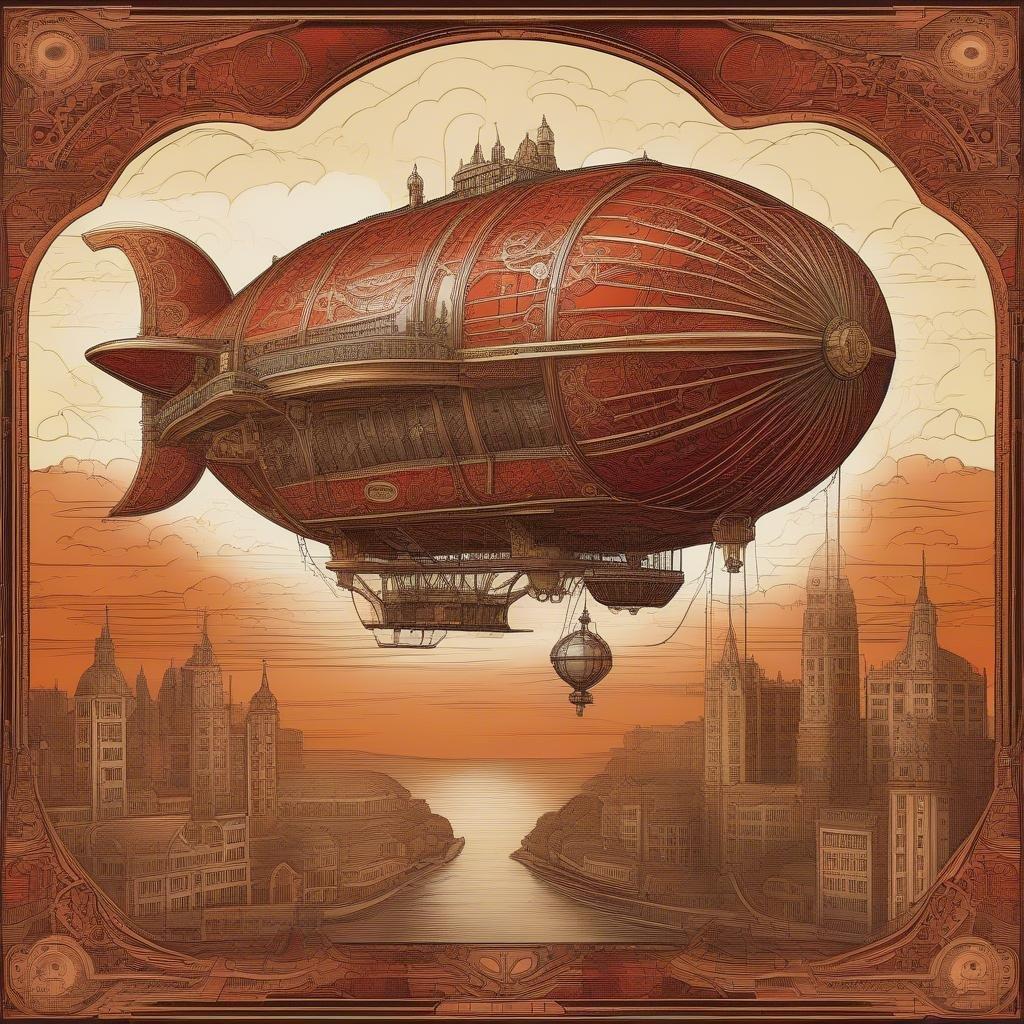 Cette magnifique illustration numérique capture l'essence du steampunk, avec un aéronef majestueux dominant le ciel au-dessus d'un paysage urbain d'architecture gothique. Les teintes vibrantes de rouge et d'orange de l'aéronef sont complétées par des motifs complexes, créant un sentiment d'émerveillement et d'aventure.