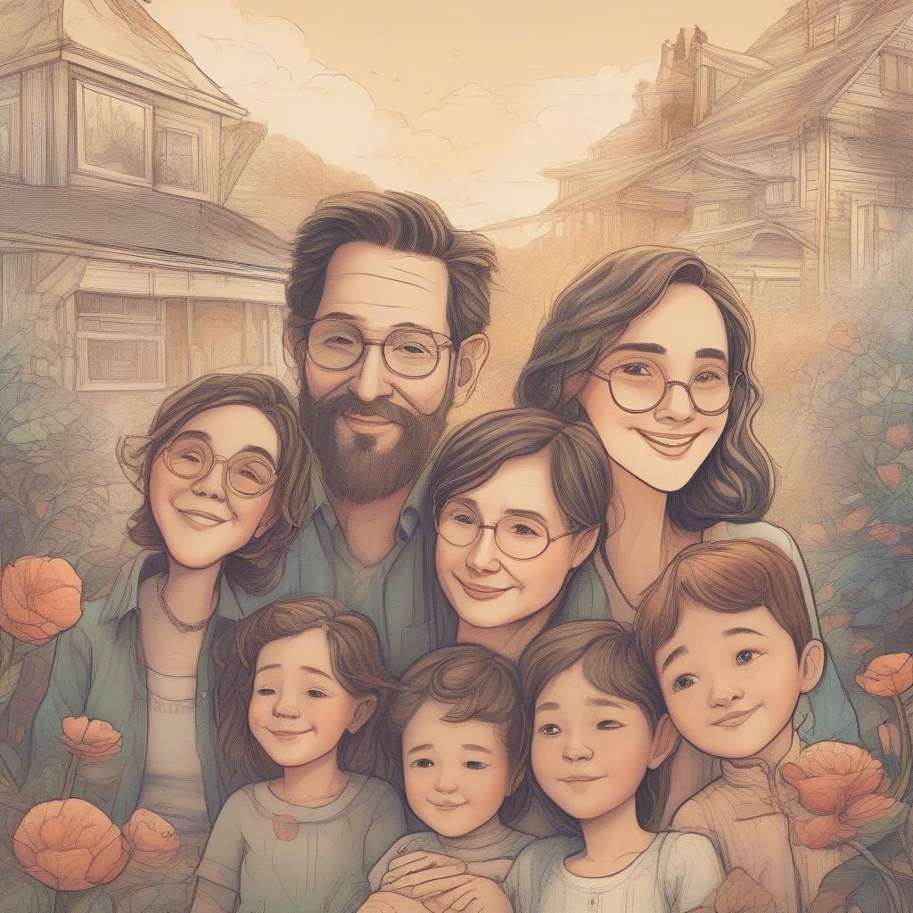 A digital illustration depicting a happy family gathering together to celebrate Father's Day, with flowers blooming in the background.