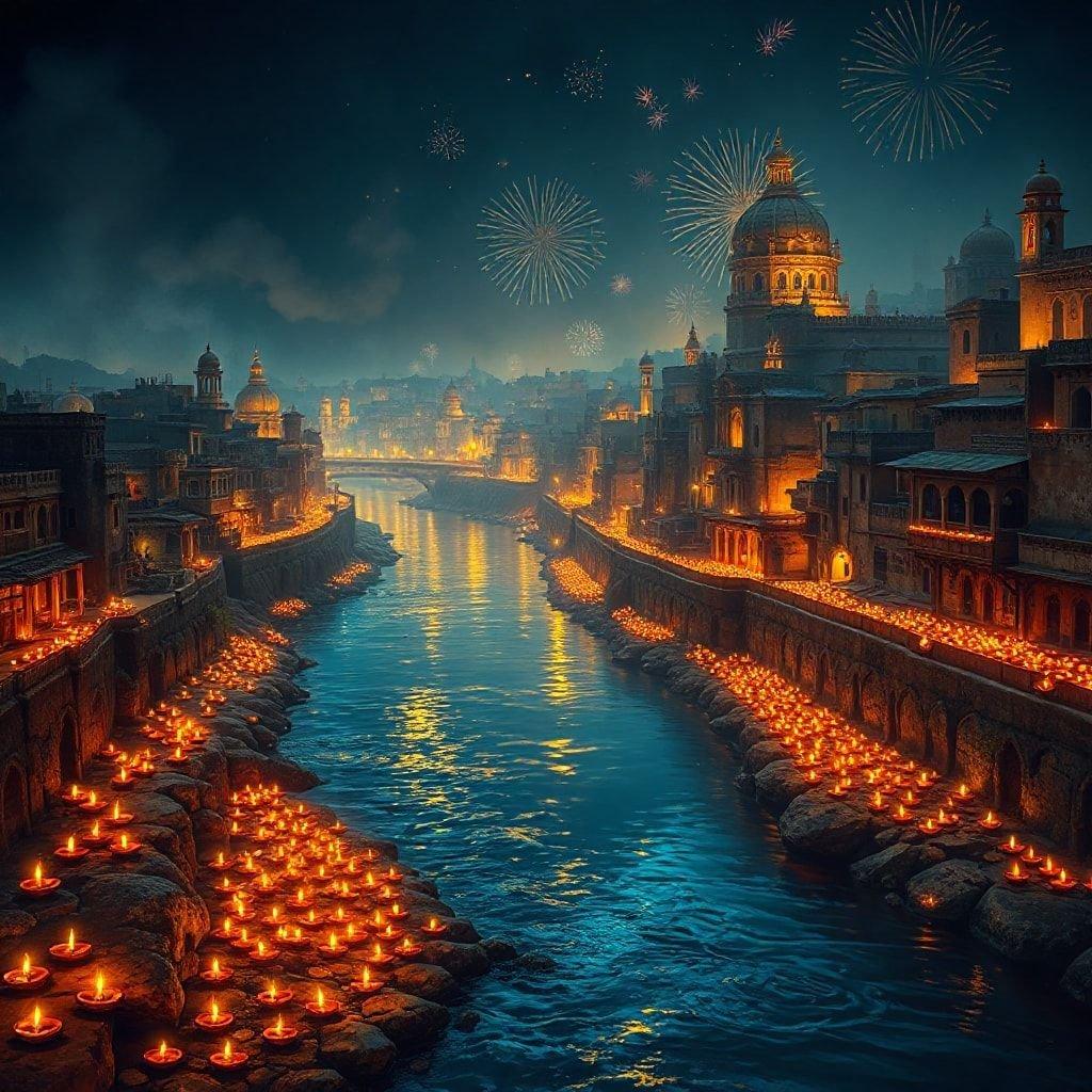 This stunning wallpaper captures the essence of Diwali, the Hindu festival of lights, with a breathtaking view of a river lined with candles and fireworks in the sky.