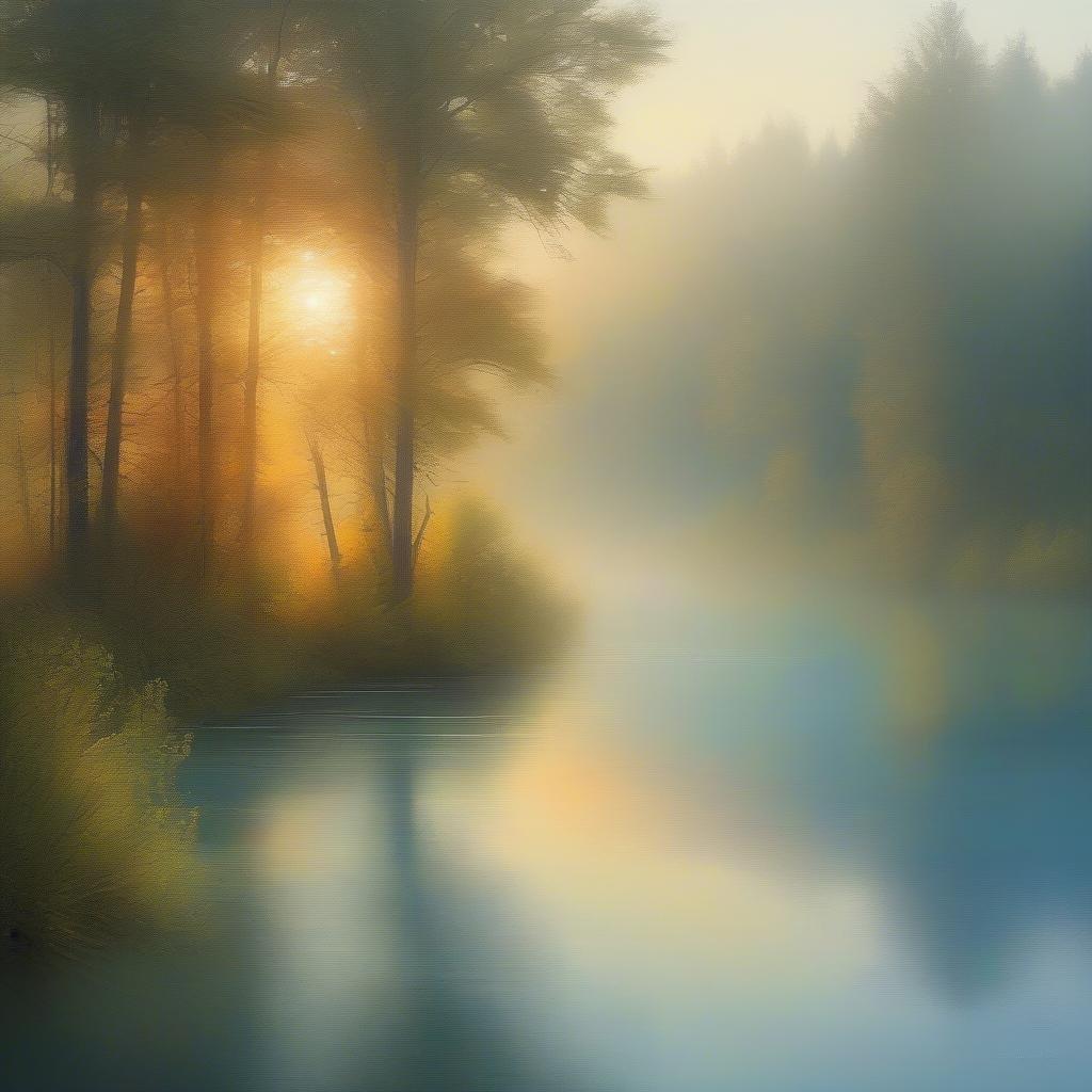 A tranquil scene of sunlit fog over a serene river in a dense forest, evoking peaceful reflection.