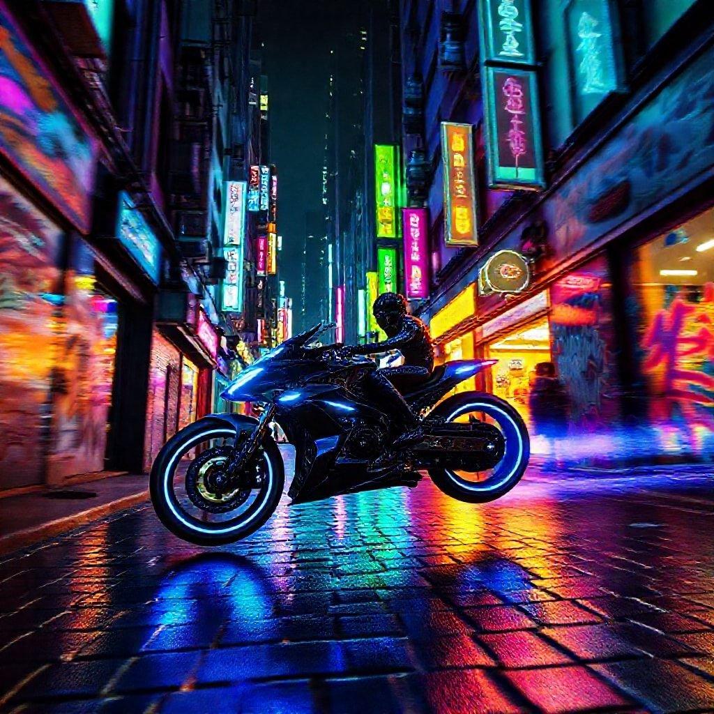 An exciting city night scene with a man on a futuristic motorcycle, the streets illuminated by neon lights against a rain-soaked backdrop of high-rise buildings.