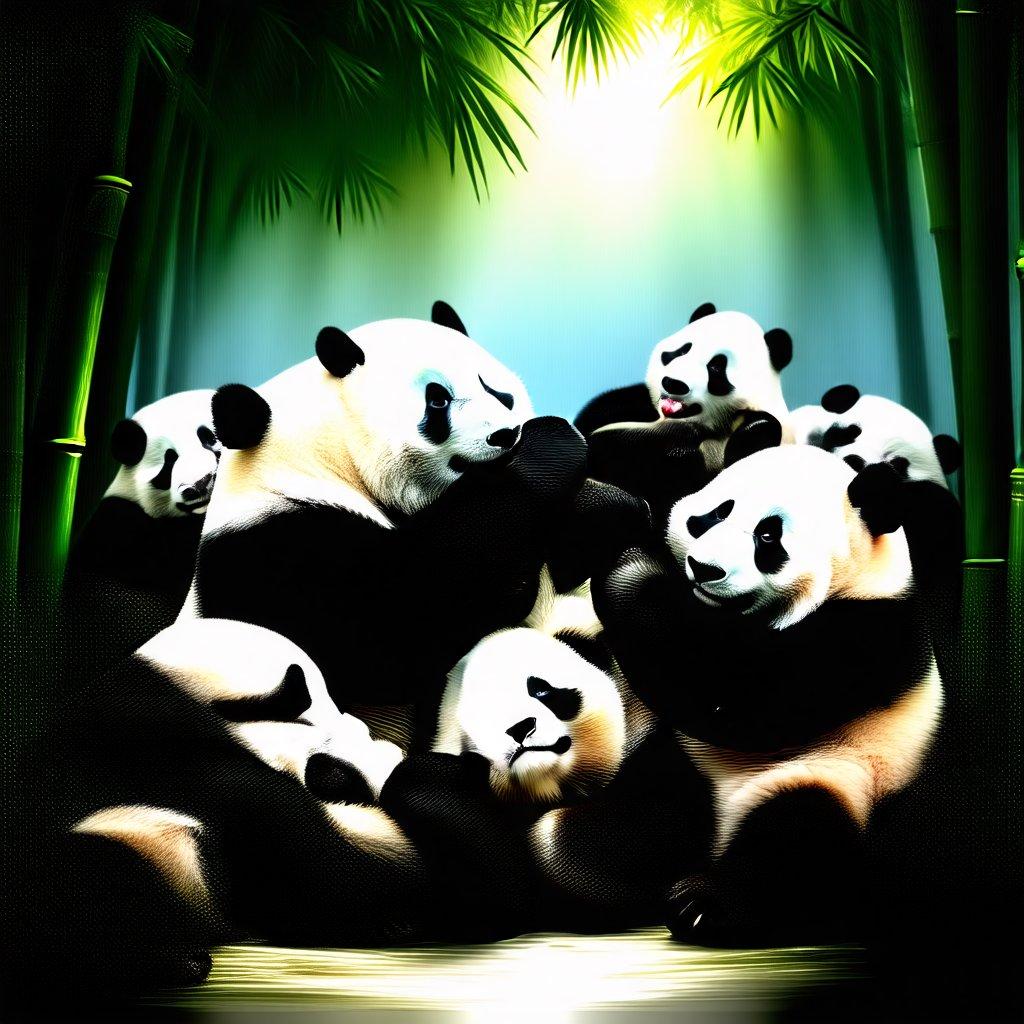 Un gruppo di adorabili panda che si stringono insieme, pronti a coccolarsi per una calda e soffice notte. Questa deliziosa scena è un perfetto rimedio per ogni giorno.