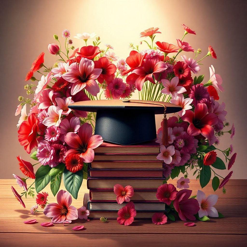 An artistic representation of academic achievement with books and flowers, suitable as a graduation wallpaper.