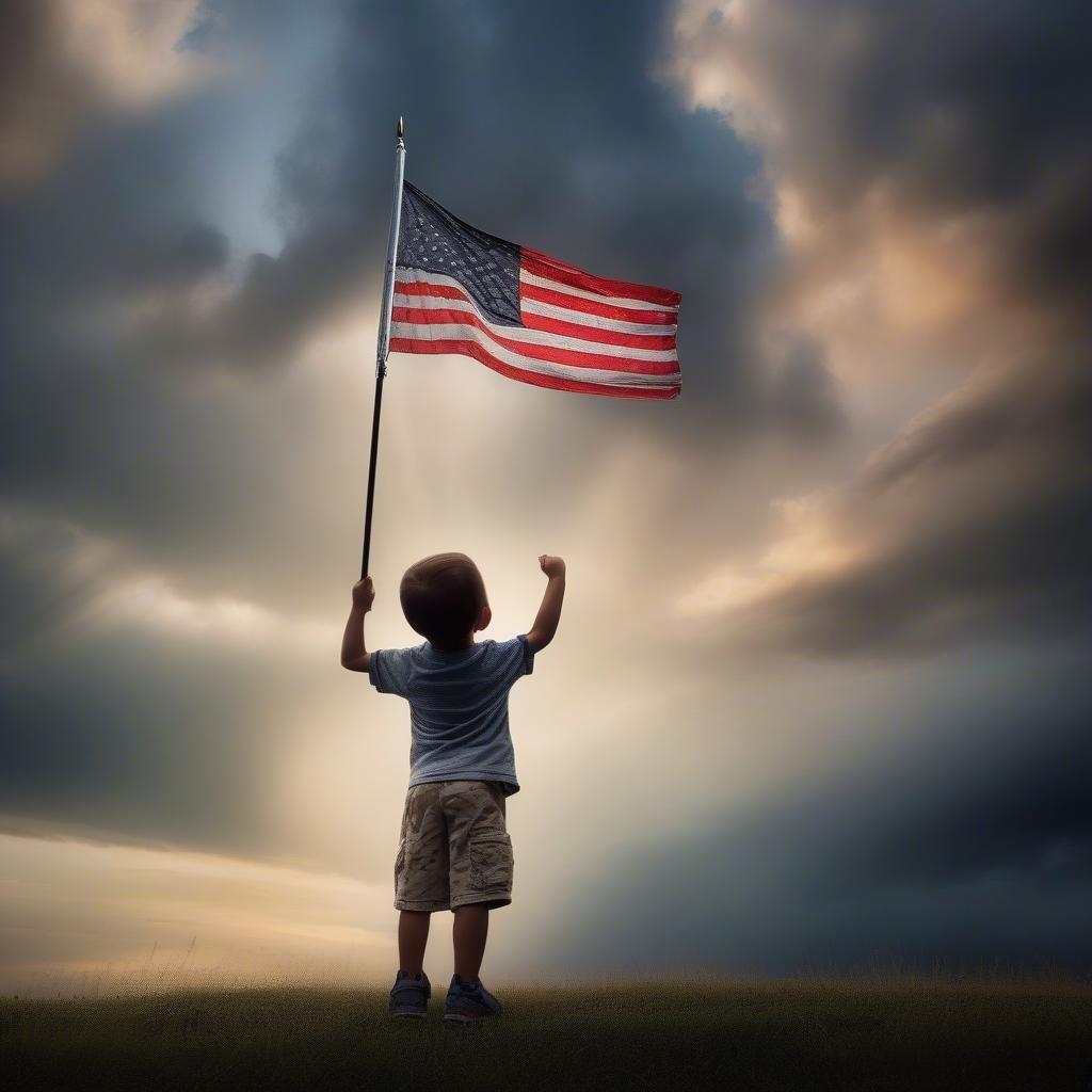 Celebrate Independence Day with this stunning image of a young boy proudly holding an American flag. The sky is ablaze with a kaleidoscope of colors, creating a breathtaking backdrop for this heartwarming scene. The boy's smile and the flag's vibrant hues evoke a sense of patriotism and joy, making this image perfect for commemorating the spirit of freedom and unity.