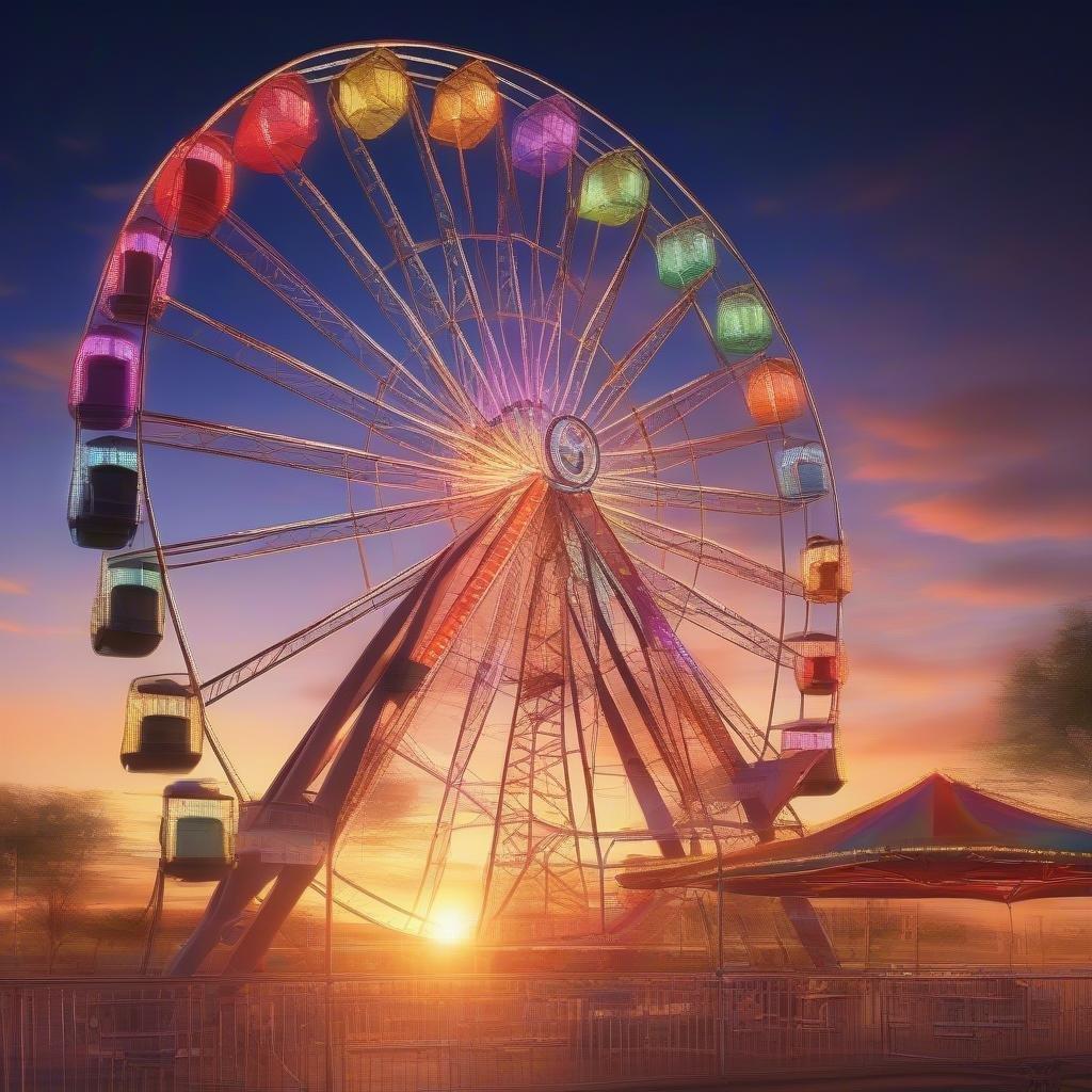 Feel the thrill of a carnival night with this vividly colorful ferris wheel. Gather 'round as it spins under the sunset sky, ready to whisk you away on an exhilarating ride.