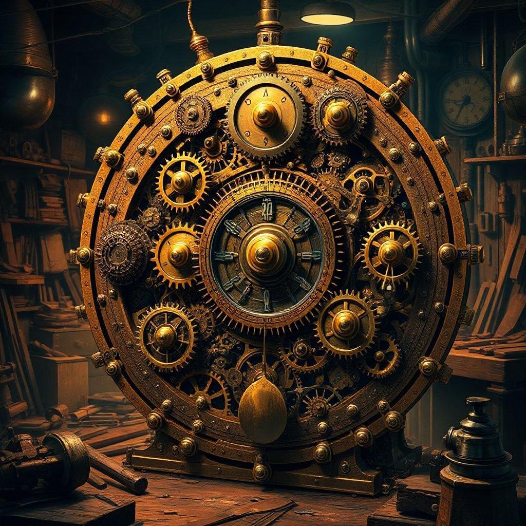 Um design steampunk fantástico, apresentando uma máquina ornamentada com engrenagens e mecanismos, ambientada em um ateliê ou laboratório.