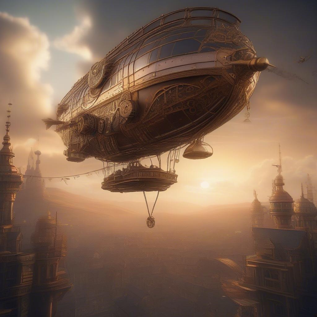 Um impressionante dirigível de estilo steampunk sobrevoa uma paisagem urbana enevoada, evocando um senso de maravilha e nostalgia.