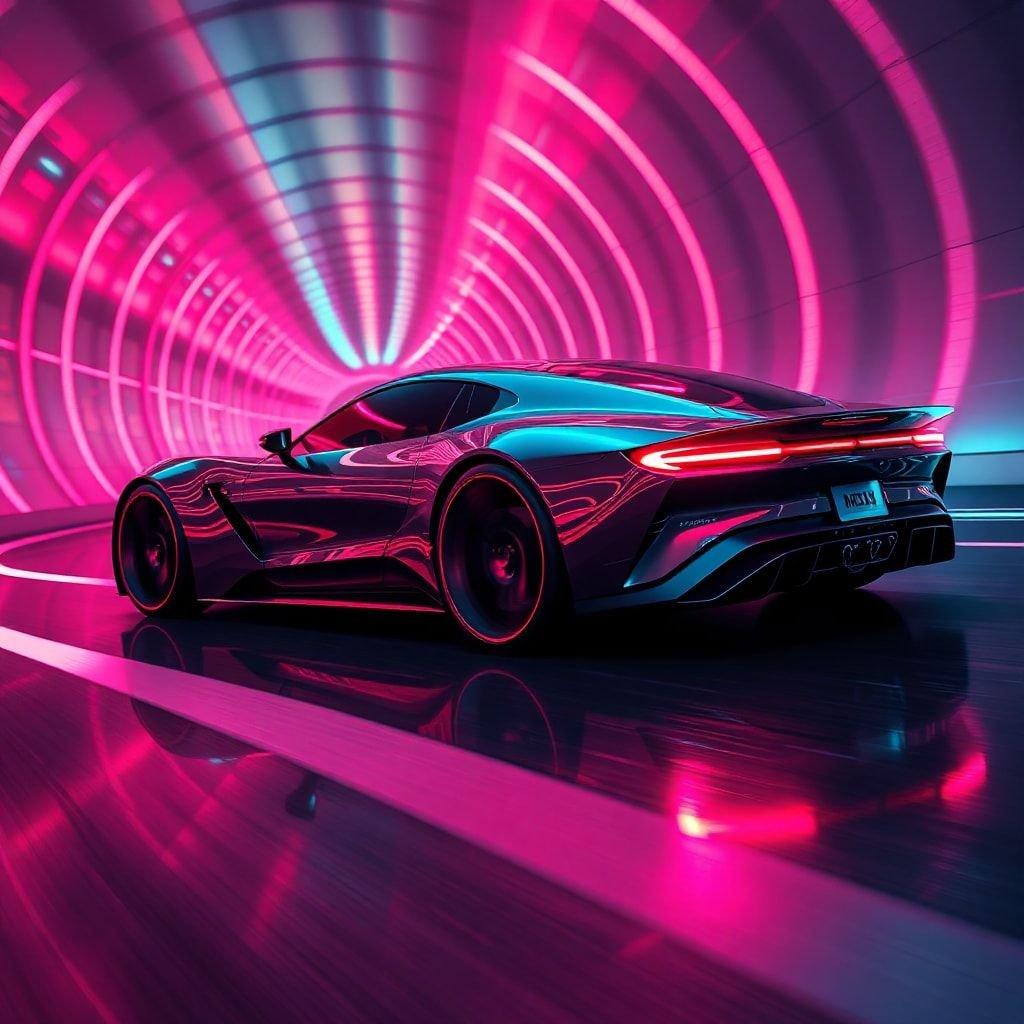 An advanced, sleek vehicle designed for speed and style, set against a vibrant neon tunnel.