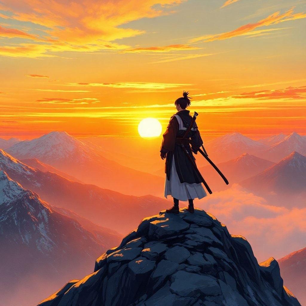 This captivating anime wallpaper transports you to a serene mountain peak, where a lone ronin stands in contemplation, surrounded by the breathtaking beauty of a sunset.