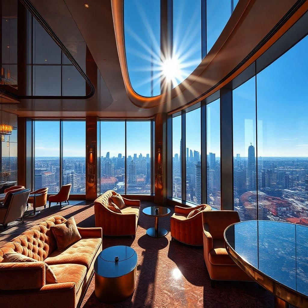 This luxurious living room features a stunning view of the city skyline, perfect for relaxing and entertaining guests.