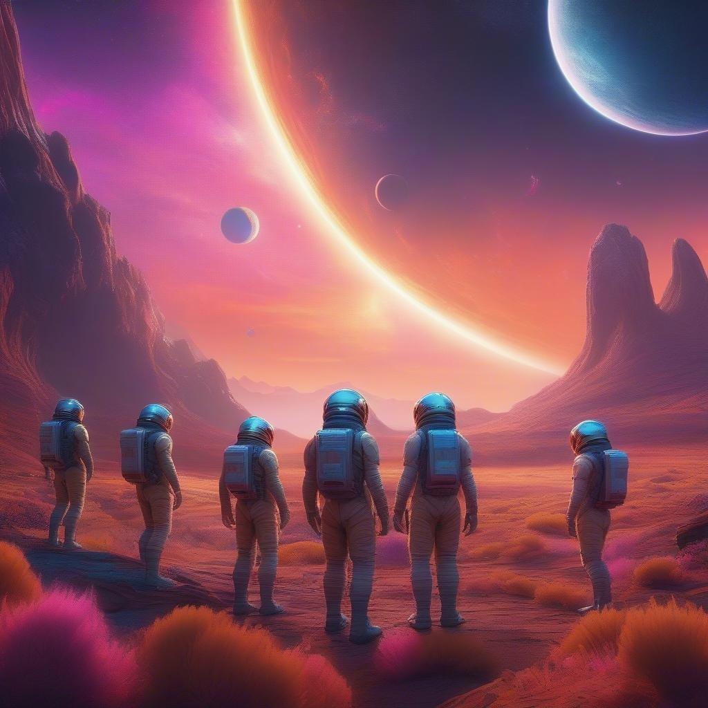 A group of astronauts stand on a Martian landscape, looking out at the vast cosmos. This wallpaper captures the wonder and adventure of space exploration.