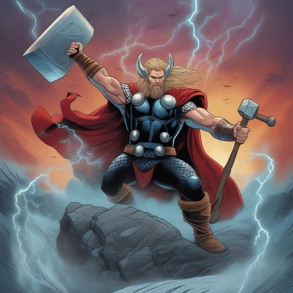 A dramatic illustration of the legendary Norse warrior, Thor, striking a powerful pose with his hammer, Mjolnir.