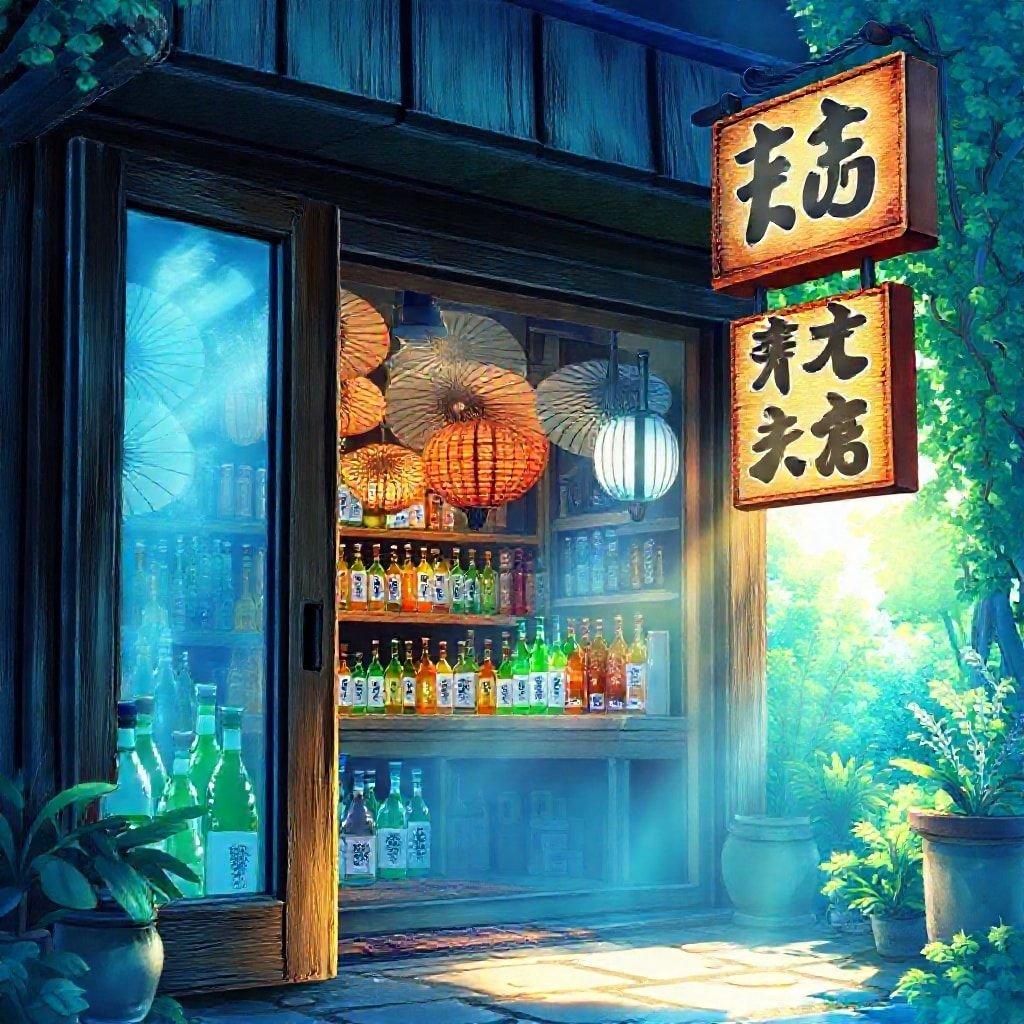 Ein malerischer und einladender Anime-Stil-Shop-Eingang, der dich in eine mystische Welt feiner Sakes und ruhiger Atmosphäre zu transportieren scheint. Die blauen und grünen Farbtöne schaffen eine friedliche Atmosphäre, während die Holztür und der Fensterrahmen auf eine alte Tradition hinter diesem bezaubernden Ort hinweisen.