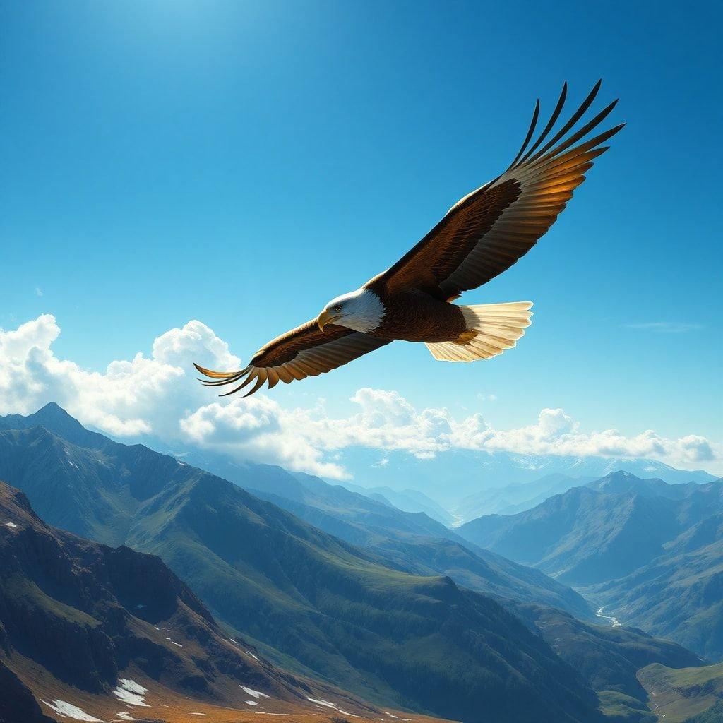 Experience the thrill of travel with this image of a soaring hawk amidst majestic mountain peaks. The spirit of freedom and adventure is captured beautifully here.