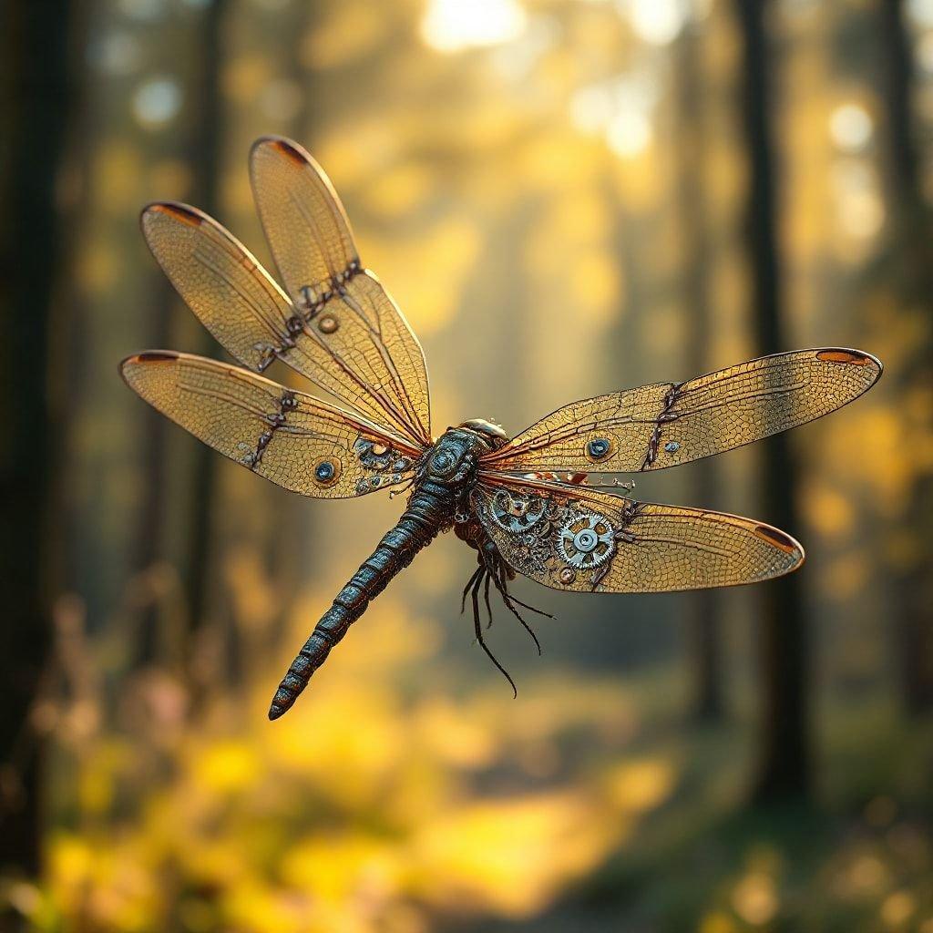 This digital artwork showcases a vibrant dragonfly in flight through a serene forest clearing. The dragonfly, with its intricate details and vivid colors, stands out against the backdrop of the woods. The scene is framed by tall trees and illuminated by sunlight filtering through the canopy.