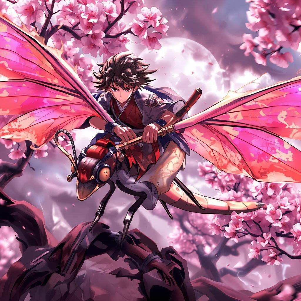 This anime illustration captures a young samurai riding a dragonfly, its vibrant pink and orange wings spread wide, against a stormy backdrop of cherry blossom trees. The scene conveys a sense of motion and energy, with the dragonfly's poised rider adding a sense of scale to the scene.